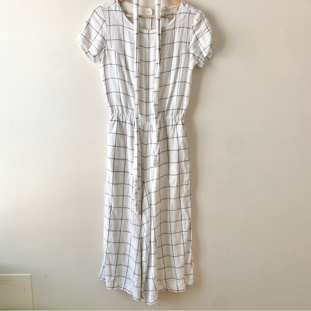 Not Perfect Linen Barcelona Checkered Jumpsuit Wide Leg Belt  White XS